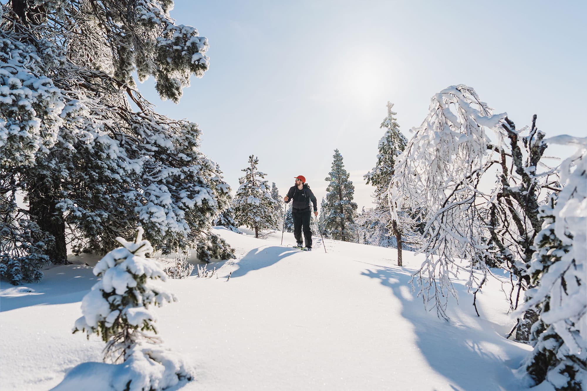 One person splitboarding in easy terrain in Ylläs-Pallas National Park. Guided by Taneli Roininen, Janne Koivistoinen and Jussa Loueniva.